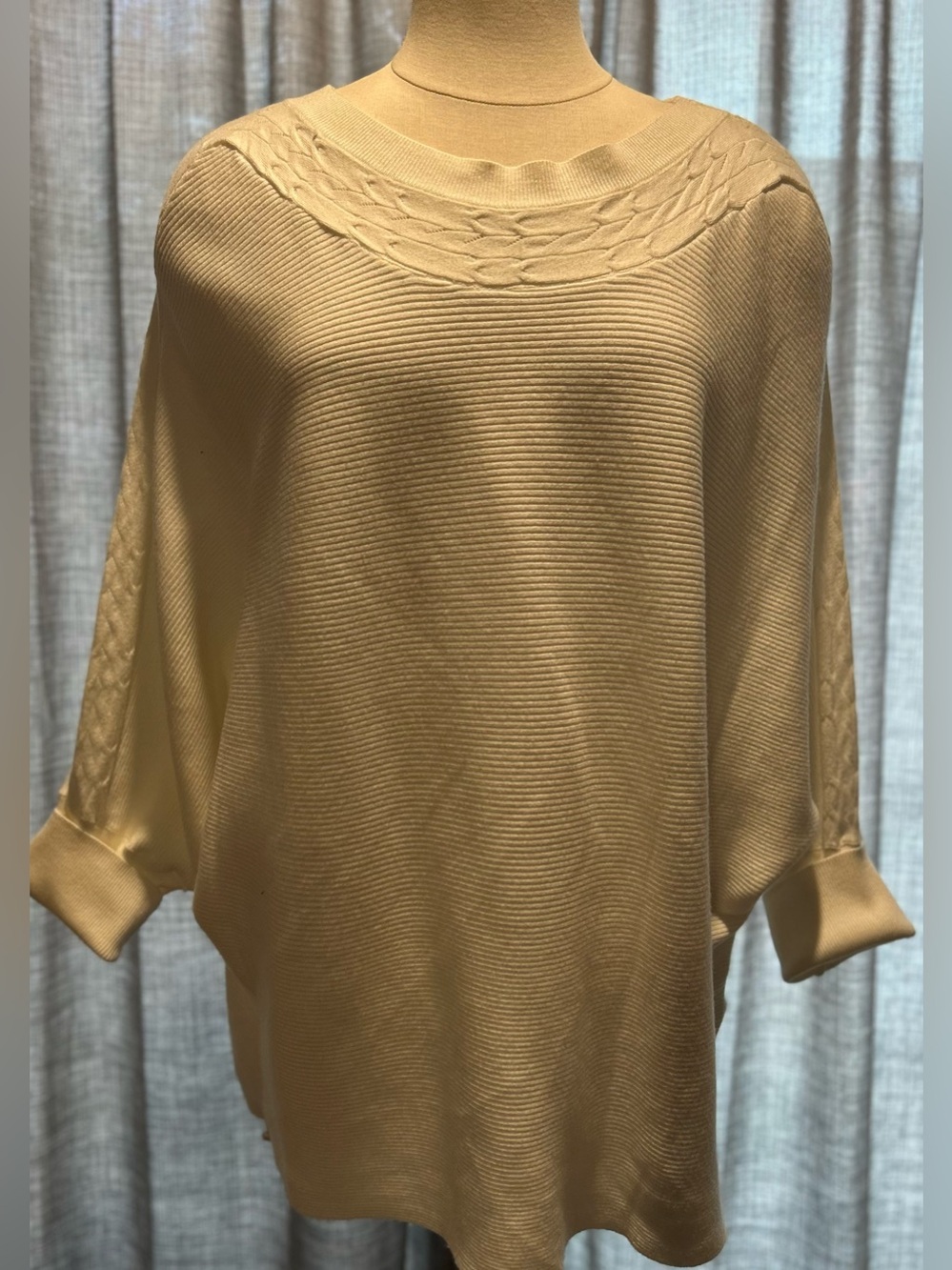 Cupio Cream Cable-Trim Ribbed Poncho Sweater